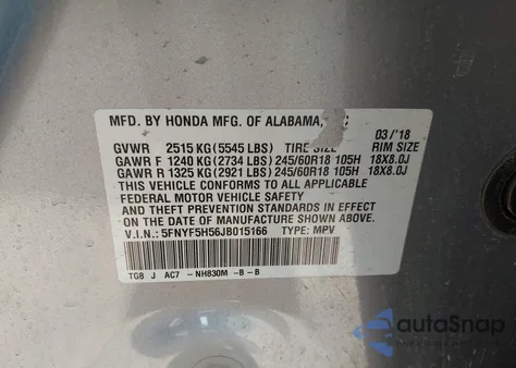 2018 Honda Pilot Ex-L z USA, uszkodzony, nr VIN 5FNYF5H56JB015166